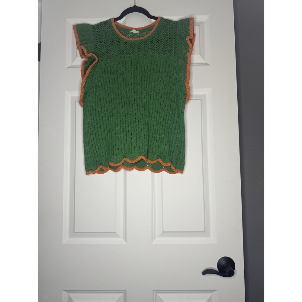 Jodifl Flutter Sleeve Open Stitch Detail Knit Sweater Large Green W Orange Trim